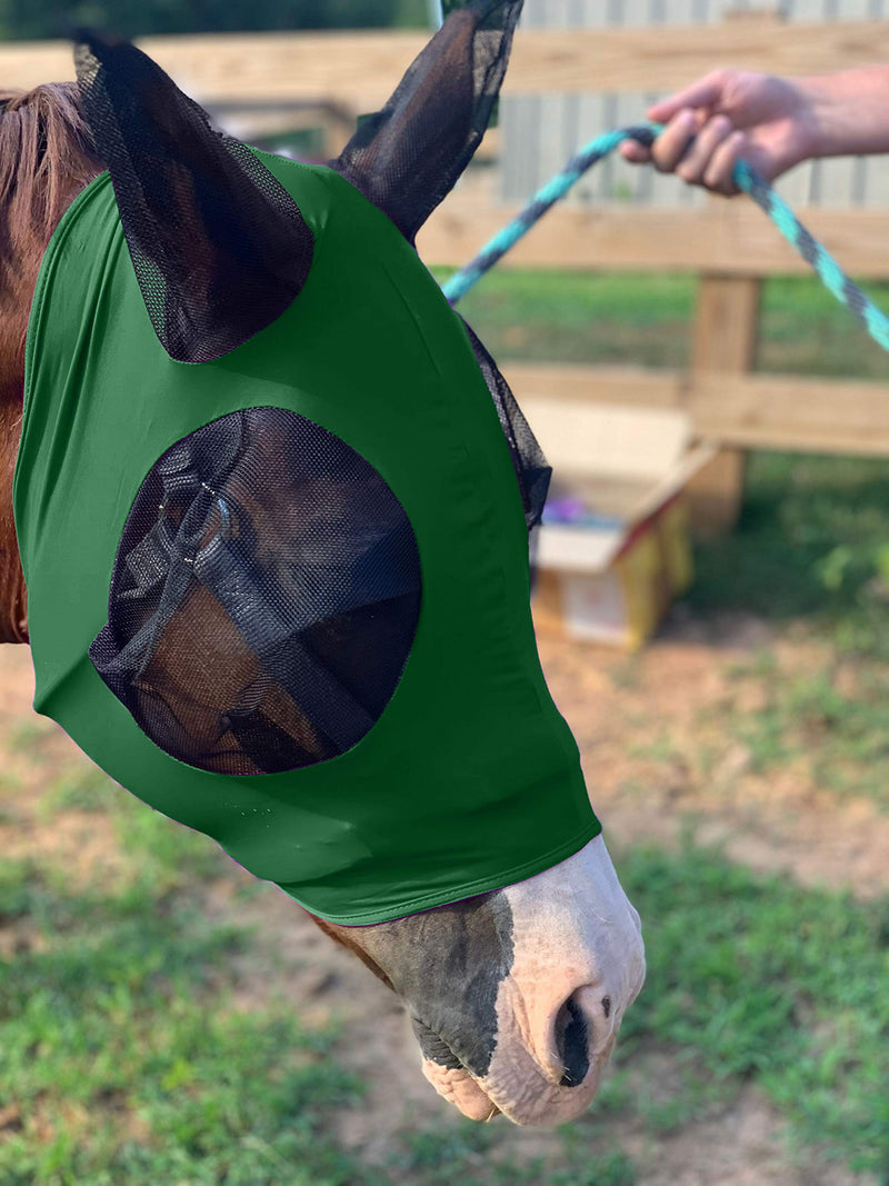 Stretchy Horse Fly Mask with Ears Comfort Fit Mesh Trail Pasture Sun UV Protection (Horse, Hunter Green) - PawsPlanet Australia
