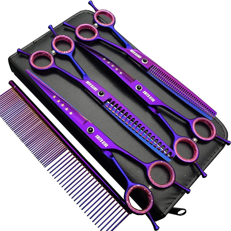 7.0 inches Professional Dog Grooming Scissors Set Straight & thinning & Curved & chunkers & comb 5pcs in 1 Set for left-handed & right handed Right-handed Purple - PawsPlanet Australia