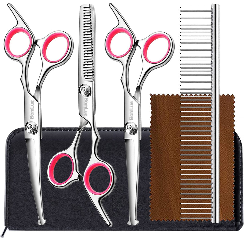 Bamlue 6 in 1 Professional Stainless Steel 4CR Safety Round Tip Dog Grooming Scissors, Anti-Rust Shears Cat Grooming Scissors Pet Kit, Thinning Straight Comb for Long Short Hair-Pink Pink - PawsPlanet Australia
