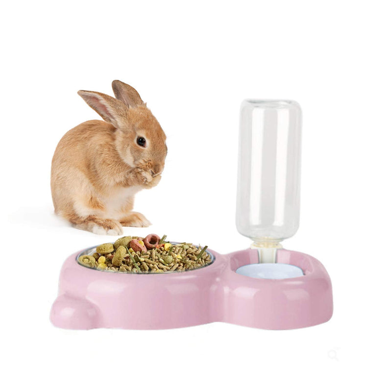 Rabbit Double Bowls Bunny Automatic Water Dispenser Detachable Stainless Steel Bowl No-Spill Water Bottle Food Feeder for Small Animals Bunny Squirrel Cat Puppy Chinchilla Pink - PawsPlanet Australia