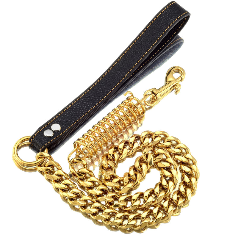 Pradog Dog Chain Leash Dog Heavy Duty Strong Chew Proof 19mm 2ft 3ft 4ft 18K Gold Chrome Stainless Steel Cuban Link Chain Labor-Saving Spring with Leather Handle for Medium Large Dogs(3FT) 3.0 FT ( For S, M, L Dog) - PawsPlanet Australia