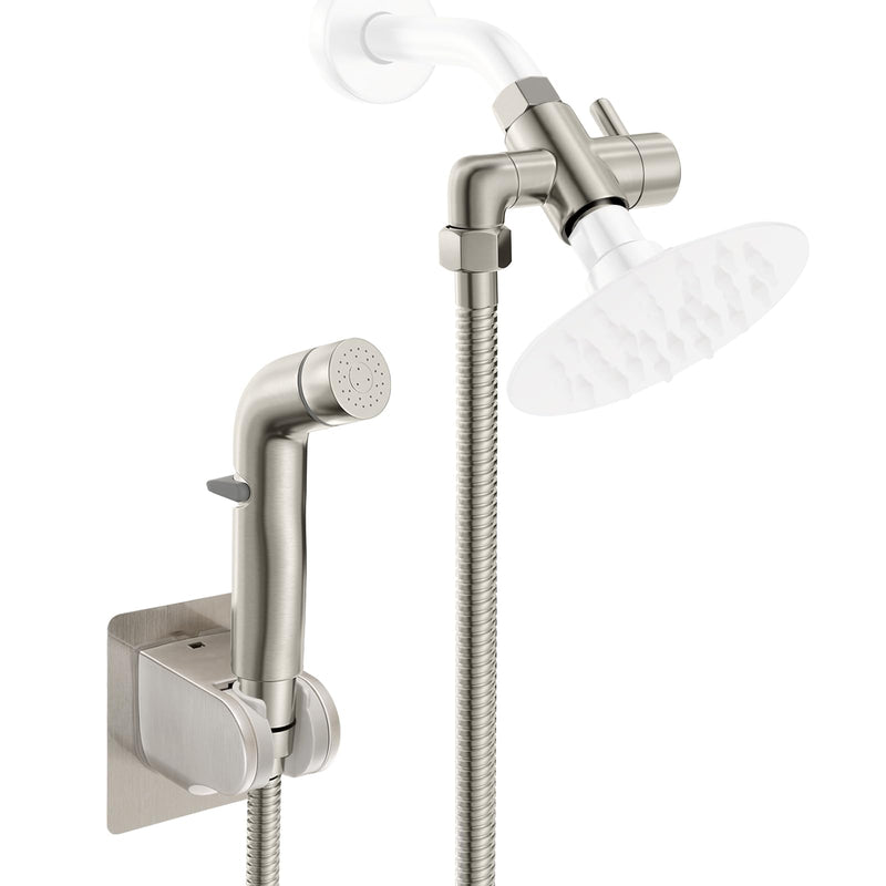 Dog Shower Attachment Metal, YDmeet Pet Shower Attachment for Fast and Clean Pet Bathing and Dog Washing, Brass Shower diverter, Adjustable Pet Shower Sprayer, 8 ft Hose and Shower Holder, Brushed Shower Diverter with Elbow Outlet Design Brushed Nickel - PawsPlanet Australia