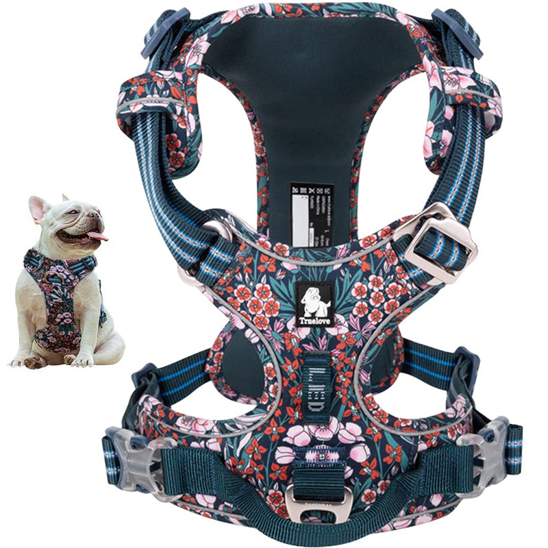 La La Pet® No Pull Dog Harness with Front Clip, Reflective Dog Vest Harness with Handle Floral Neoprene Padded Dog Vest for Puppy Small Medium Large Dogs 3 Snap Buckles Easy to Put on & Take Off Blue Red Flowers - PawsPlanet Australia
