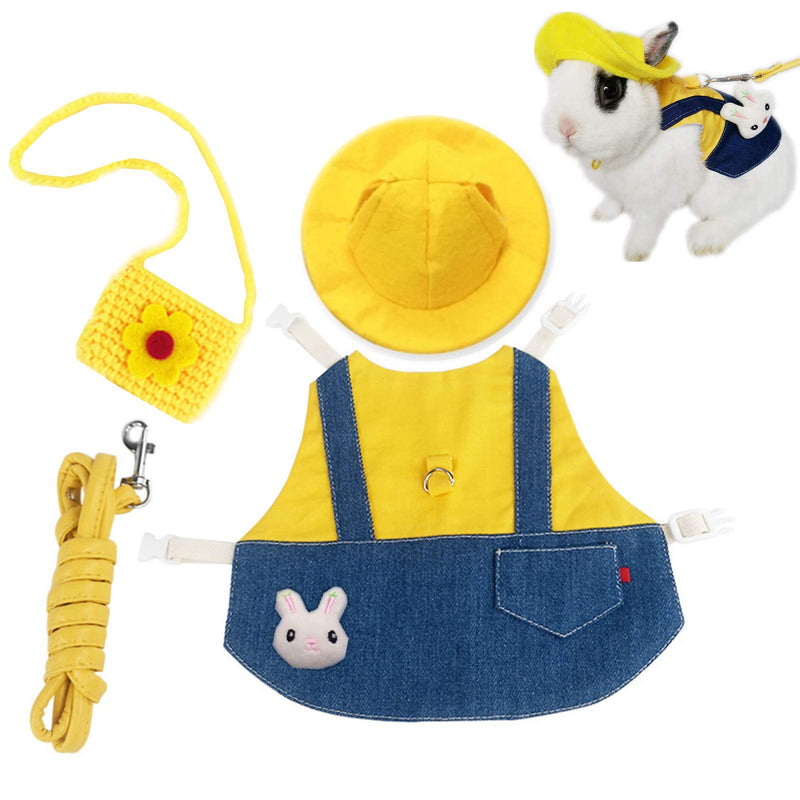 Guinea Pig Clothes,Soft Bunny Ferret Clothes with Pet Rabbit Harness and Leash Mini Hat Bag Cute Brooch for Kitten Small Animal Collars Medium ADenimYellow - PawsPlanet Australia
