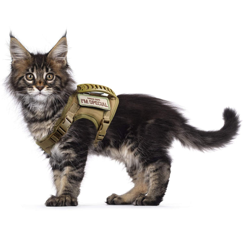 Tactical Cat Harness for Walking Escape Proof, Soft Mesh Adjustable Pet Vest Harness for Large Cat,Small Dog Khaki