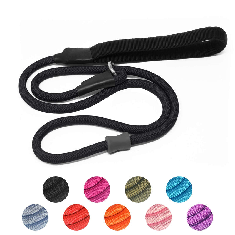 Strong Slip Rope Dog Training Leash (4ft) - Heavy Duty Durable Braided Nylon Lead with Rubber Stopper & Padded Handle - Large Medium Small Dogs No Pull Walking (Black, 1/2" x 4ft) Black - PawsPlanet Australia