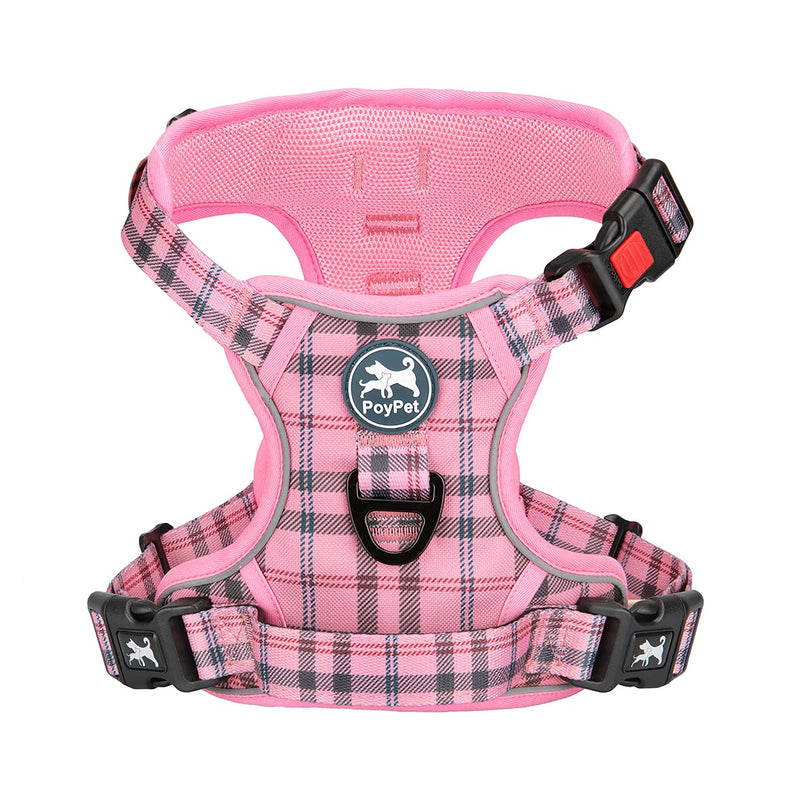 PoyPet No Pull Dog Harness, Reflective Adjustable No Choke Pet Vest with Front & Back 2 Leash Attachments, Soft Control Training Handle for Small Medium Large Dogs(Checkered Pink,S) S Checkered Pink - PawsPlanet Australia