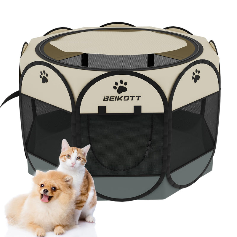 Pet Playpen, Foldable Dog Playpens, Portable Exercise Kennel Tent for Puppies/Dogs/Cats/Rabbits, Dog Play Tent with Removable Mesh Shade Cover for Travel Indoor Outdoor Using(Large) GY/Large(35.4" x 35.4" x 23.6") - PawsPlanet Australia