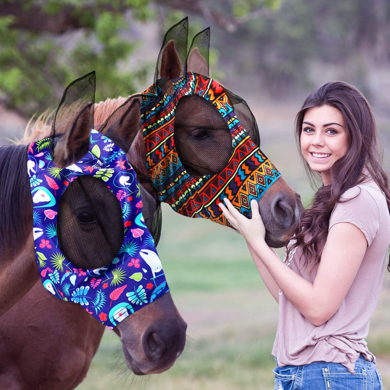 Weewooday 2 Pieces Horse Fly Masks for Horses Soft Fly Masks for Horses with Ears Smooth and Elasticity Fly Mask with UV Protection(L, Tribal Grid Patterns) L - PawsPlanet Australia