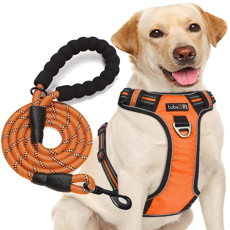 No Pull Dog Harness Adjustable Reflective Oxford Easy Control Medium Large Dog Harness with A Free Heavy Duty 5ft Dog Leash X-Large Orange Harness+Leash