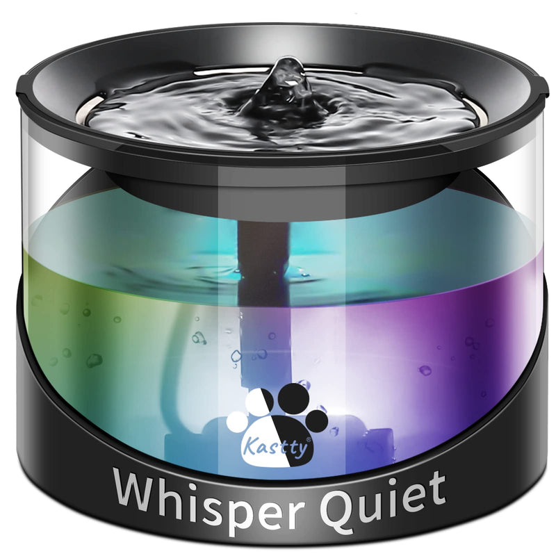 Kastty Super Quiet Water Fountain for Cats Inside, Pet Water Fountain for Kitty, Cat Waterer, Dog Bowl Dispenser 2.2L/74oz,with Super Long Life Span Pump, Black+Colorful LED Light - PawsPlanet Australia