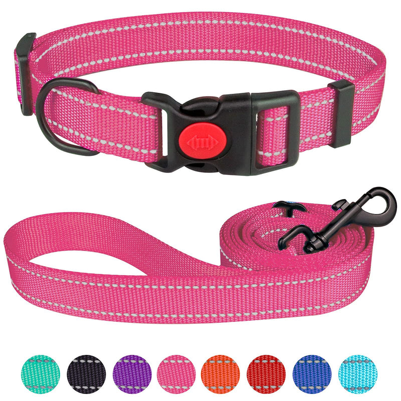 Reflective Dog Collar and Leash Set with Safety Locking Buckle Nylon Pet Collars Adjustable for Small Medium Large Dogs 3 Sizes(Hotpink&M) M Hotpink