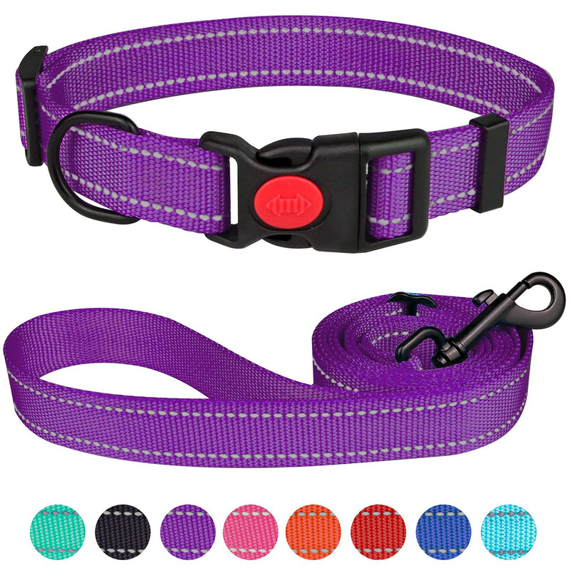 Reflective Dog Collar and Leash Set with Safety Locking Buckle Nylon Pet Collars Adjustable for Small Medium Large Dogs 4 Sizes(Purple&L) L Purple
