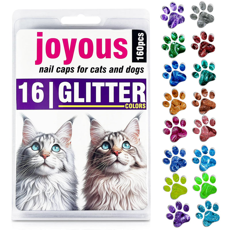 16x Glitter Colors / 160 pcs | Cat Nail Caps | Cat Claw Covers with Adhesives and Applicators (M) M - PawsPlanet Australia