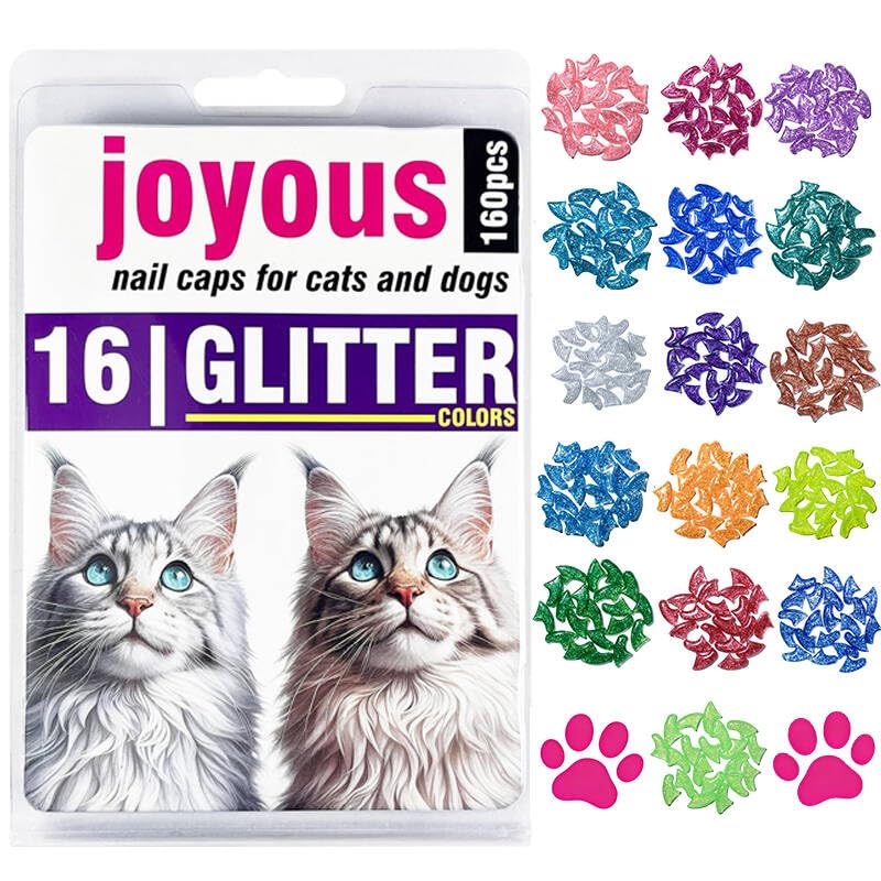 joyous 16x Different Sparkle Colors / 160 pcs | Cat Nail Caps | Soft Pet Cat Kitty Paw Covers | Cat Kitten Claw Covers with 8Pcs Adhesives and 16Pcs Applicators XS