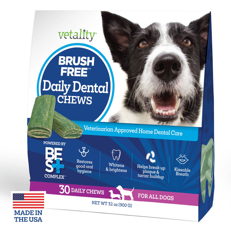 Vetality Brush Free Daily Dental Care Chews for Dogs | Cleans Teeth and Freshens Breath | 30 Count | B.E.S.T. Complex Provides Complete Oral Cleaning and Tartar Control 30 Count (Pack of 1)