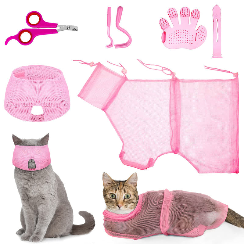 Patelai 5 Pcs Cat Bathing Bag Set Cat Grooming Bag Adjustable Pet Shower Net Muzzles Nail Clipper Tick Remover Tool Massage Brush(Pink) Pink - PawsPlanet Australia