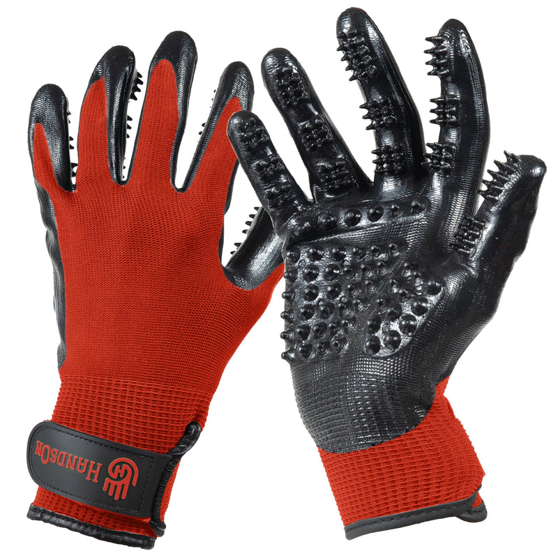 H HANDSON Pet Grooming Gloves - Patented #1 Ranked, Award Winning Shedding, Bathing, & Hair Remover Gloves - Gentle Brush for Cats, Dogs, and Horses (Red, Large) Large (1 Pair) Red - PawsPlanet Australia