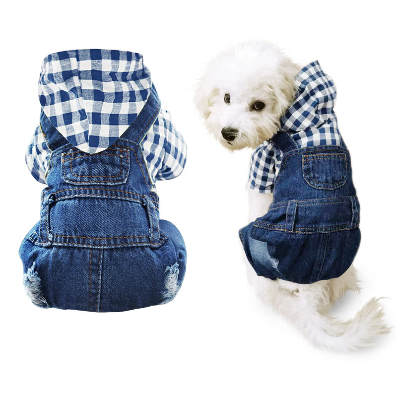 Pet Clothes Denim Dog Jeans Striped or Grid Jumpsuit Overall Hoodie Coat for Small Medium Puppy Cat XX-Large Blue Plaid - PawsPlanet Australia