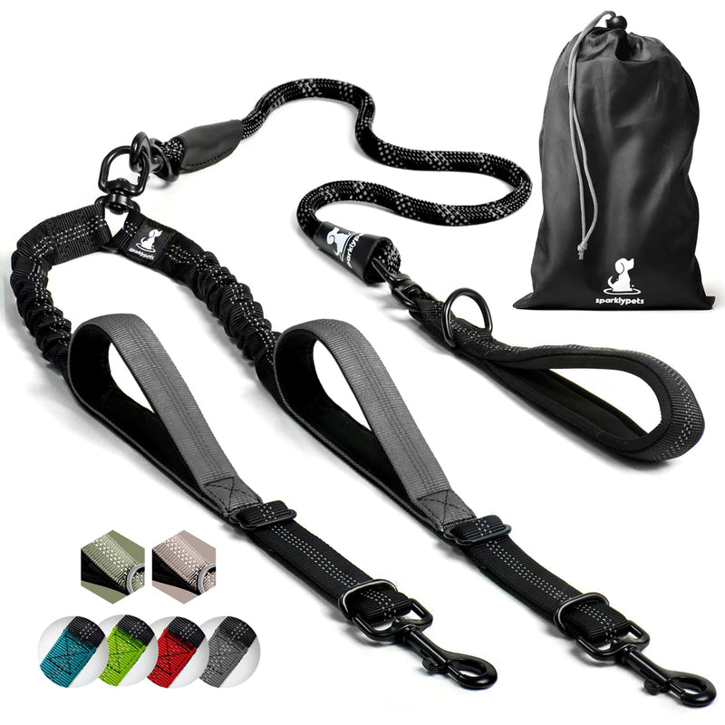 SparklyPets Double Dog Leash for 2 Dogs – Rope Bungee Dual Leash for Medium and Large Breeds with Padded Handles & Tangle Free (Black, Medium/Large) Black