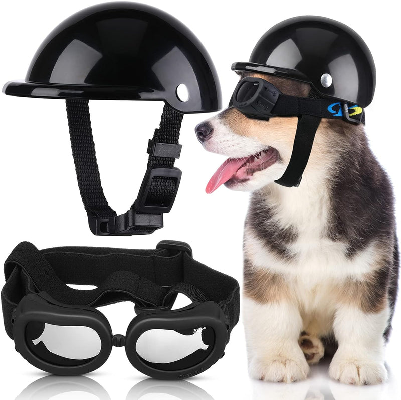 Small Dog Helmet Goggles UV Protection Doggy Sunglasses Pet Dog Glasses Motorcycle Hard Safety Hat with Adjustable Belt Windproof Snowproof Eye Head Protection for Puppy Riding, S Size Black - PawsPlanet Australia