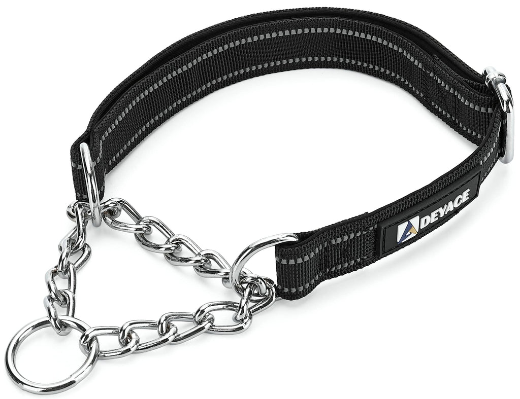 DEYACE Martingale Collar for Dogs with ID-Tag Ring Comfortable Soft Padded Reflective Nylon Adjustable Stainless Steel Chain Collar for Small Medium Large Dogs M / Neck Girth 14"-19" BLACK