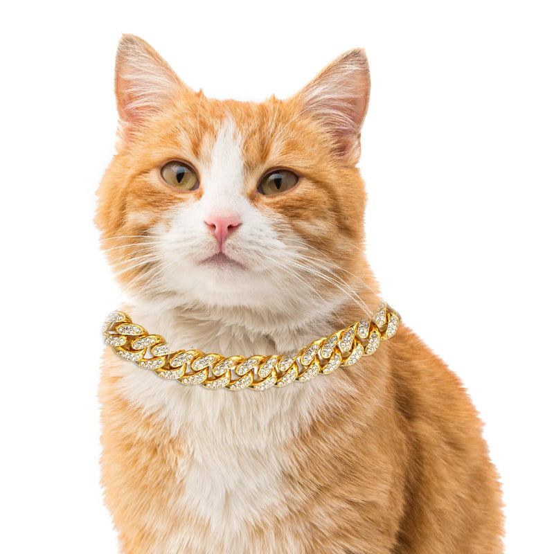 Halukakah Cat Collar - Carat - Iced Out Diamond Cuban Link Gold Chain for Cats & Kittens - 18k Real Gold Plated 9" Collar Size - for Decoration Only - Get Your Cat Catwalk Ready 9" Medium Breed Fit | Shorthair, Scottish Fold - PawsPlanet Australia