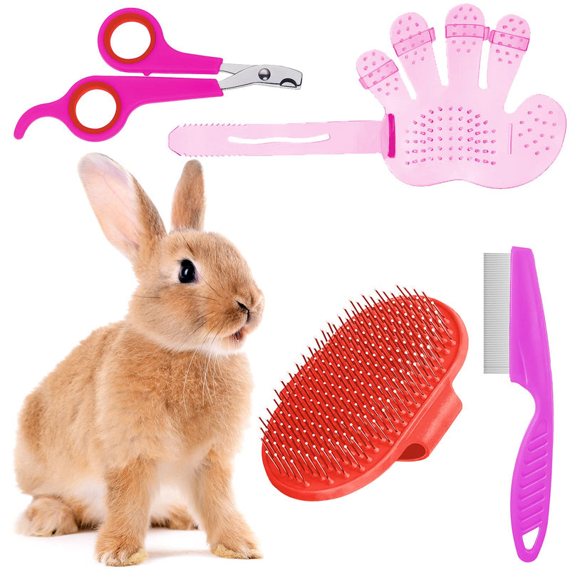 Patelai 4 Pieces Bunny Grooming Kit: Rabbit Nail Clipper, Rabbit Brush, Hair Remover, Shampoo Brush with Adjustable Ring Handle for Rabbits, Hamsters(Pink, Red) Pink, Red - PawsPlanet Australia