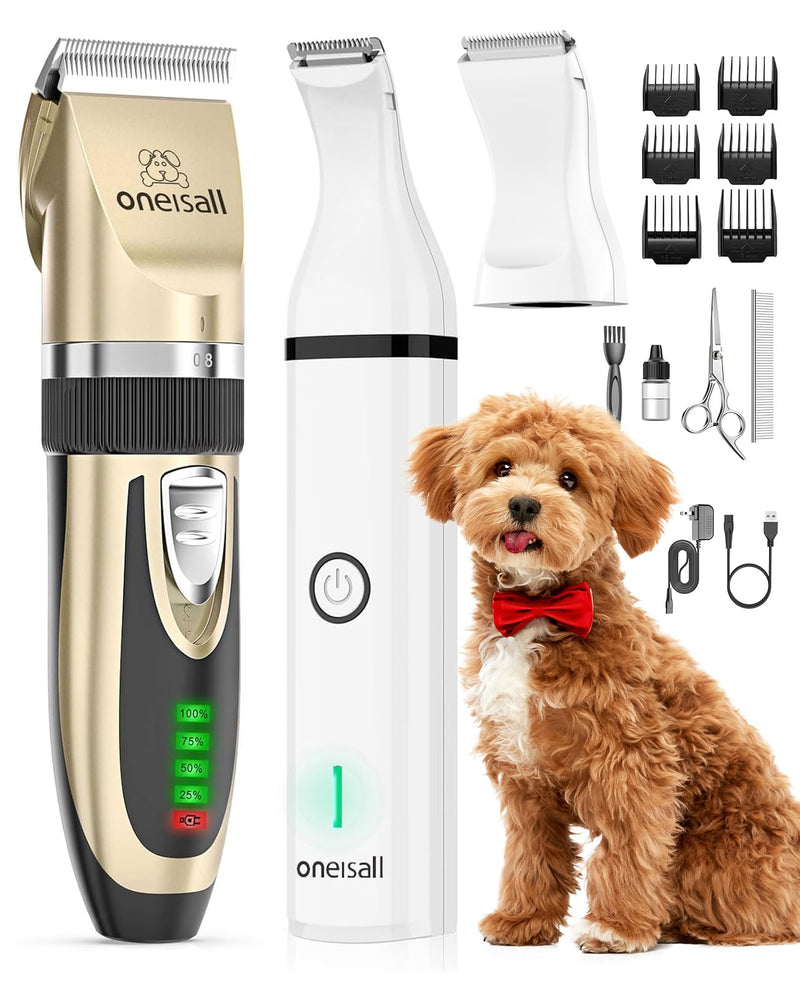 oneisall Dog Clippers and Paw Trimmer Kit 2 in 1 Low Noise Cordless Dog Clippers for Grooming Pet Hair Trimmers for Small and Large Dogs Cats Animals Gold - PawsPlanet Australia