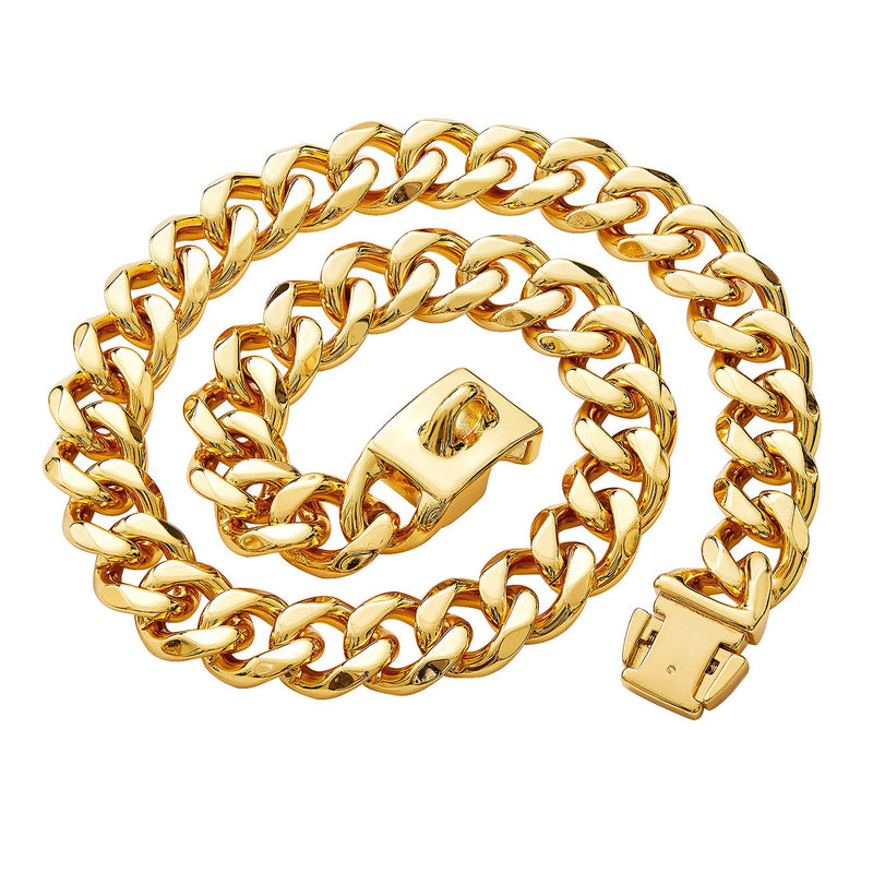 txprodogchains Big Dog Chain Collar with Buckle Strong Heavy Duty 19MM Thick Wide Stainless Steel Metal 18K Gold Cuban Link Chain Collar for Large Dogs 26" ( Fits Neck 24" to 25.5") - PawsPlanet Australia