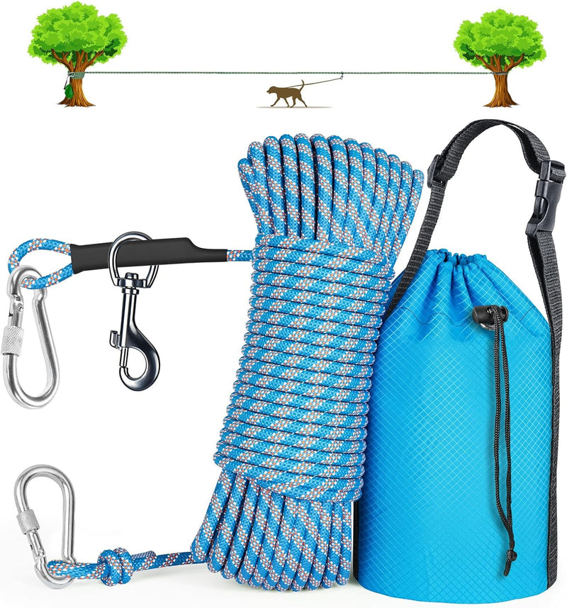Dog Tie Out Cable for Camping Heavy Duty Overhead Trolley System and Dog Rope Toys with a Big Spring Pole Kit for Dogs up to 200lbs, Portable Reflective Dog Lead Line for Yard, Park and Outdoor 100FT - PawsPlanet Australia