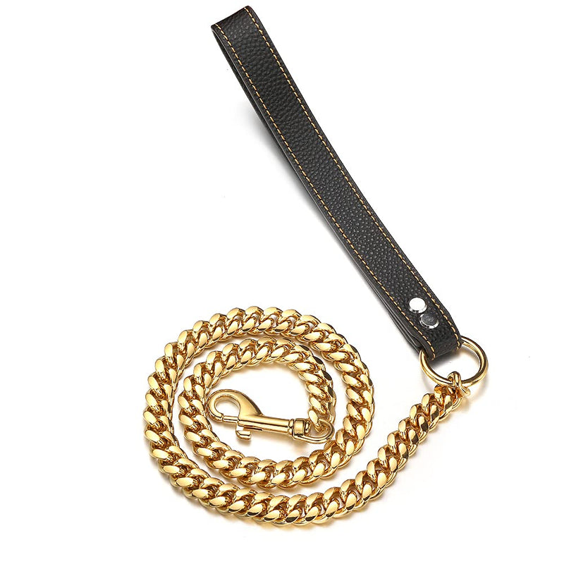 Gold Dog Chain Leash Stainless Steel Metal Chain Width 10mm /14mm Curb Cuban Link Walking Training Dog Leash 3FT 4FT 5FT with Genuine Leather Handle for Small, Medium Large Dogs(14mm,3FT) 14mm wide 3FT(36inch) - PawsPlanet Australia