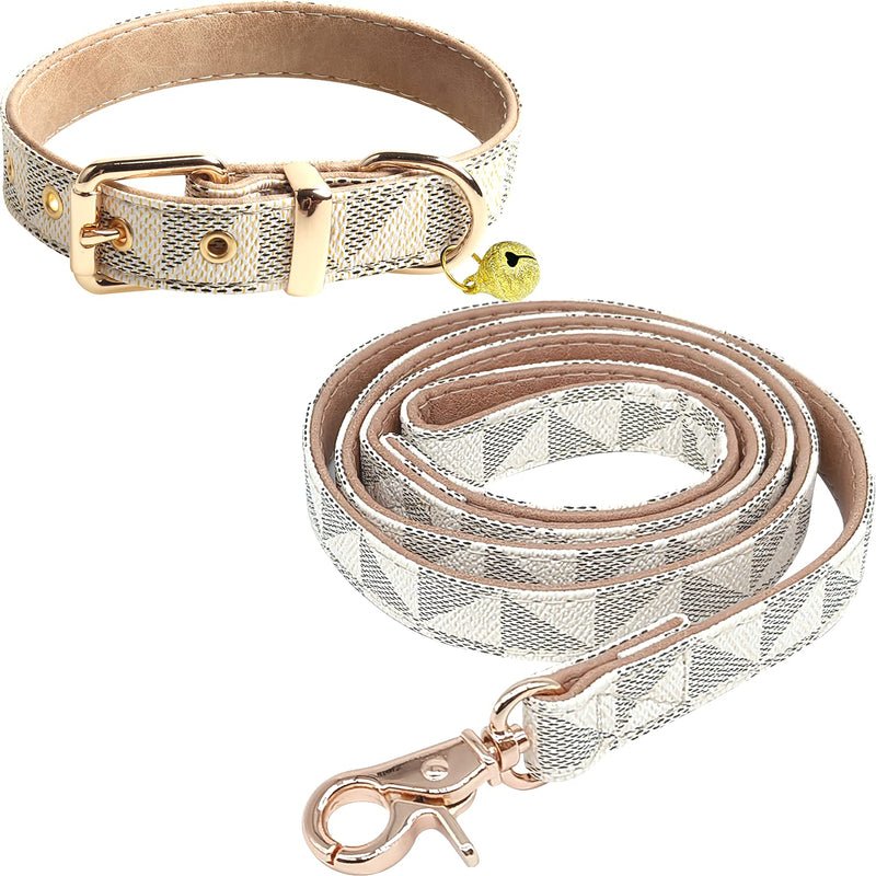 Dog Leather Collar and 4 ft Leash, KUDES Adjustable Basic Collar with Bell Checkered Pattern Durable Leather Collar and Leash with Metal Buckle for Small Medium Large Dogs M(Neck 11-13" ,Width 0.8") Beige - PawsPlanet Australia