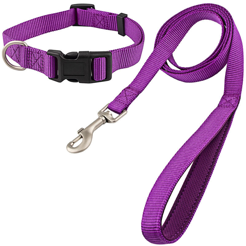 Nylon Dog Collar and Leash Set - Classic Solid Colors for Small, Medium, Large Dogs (Purple, Collar 10-14", 5/8") Purple Small, Collar 10-14", 5/8" - PawsPlanet Australia