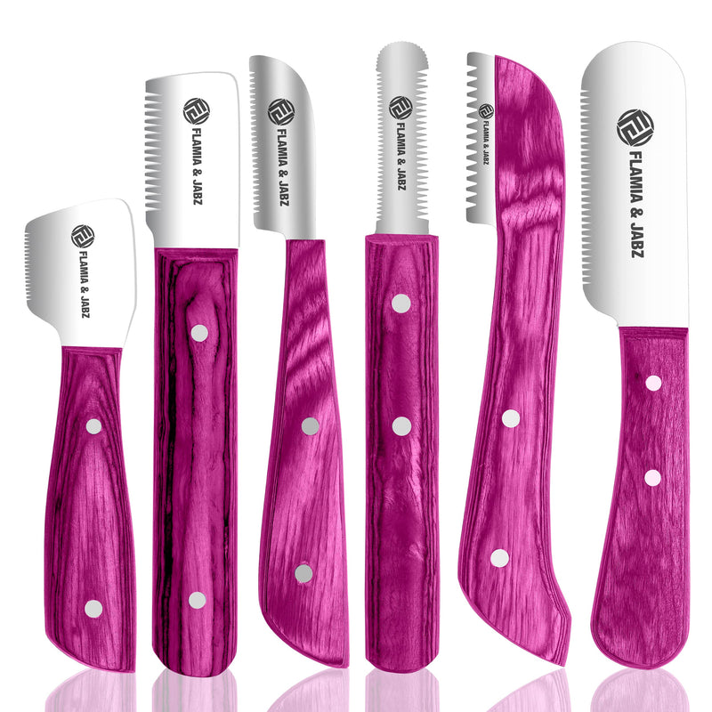 FLAMIA & JABZ FJ Professional Stripping Knife kit (6 pieces set) for Dogs & Pets, Wooden Handle Grip with Stainless Steel Blade (Right handed) (Pink) Pink - PawsPlanet Australia