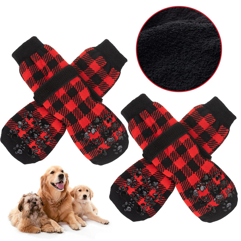 BINGPET Warm Non-Slip Dog Socks for Winter Cold Weather, Classic Plaid Soft Pet Paw Protector with Adjustable Straps and Double-Sided Anti-Slip Paw Patterns, Better Control on Wooden Floor Red Small - PawsPlanet Australia