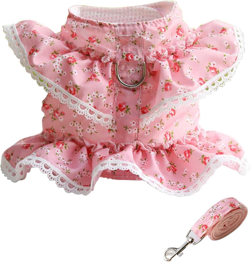 Dog Dress for Small Dogs,Cute Floral Girl Female Dog Dress Harness, Easy Walk Dogs Harness and Leash Set, Spring Summer Cat Puppy Outfit Clothes for Chihuahua Yorkshire, Pink L Large Rose Red - PawsPlanet Australia