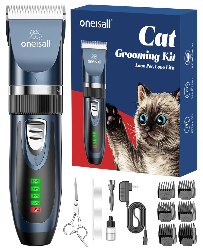 oneisall Quiet Cat Clippers for Matted & Long Hair, 2-Speed Cordless Pet Shaver Grooming Kit for Cats, Small Dogs & Animals (Blue) Blue