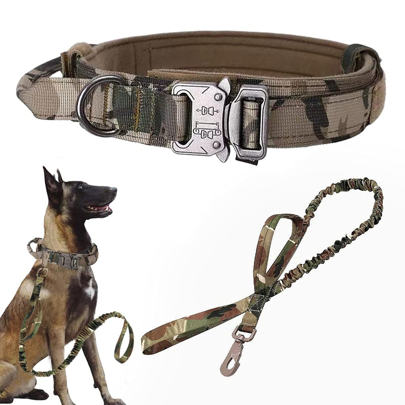Xqpetlihai Tactical Dog Collar and Leash Set Adjustable Military Nylon Dog Collar with Control Handle and Heavy Duty Metal Buckle for Large Dogs（Camo L Large (Pack of 1) Camo SET(collar+leash) - PawsPlanet Australia
