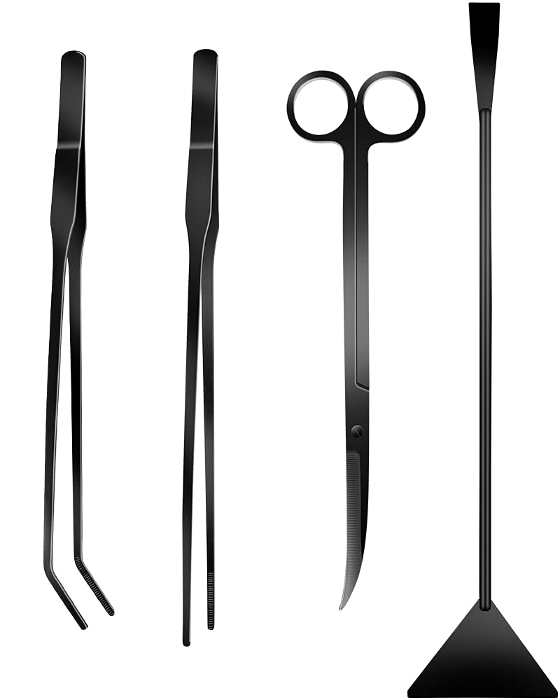 4Pcs Aquascaping Tools Kit, Long Stainless Steel Aquarium Plant Tools with Black Anti-rust Coating, Aquarium Tweezers, Scissors, and Scrapers for Aquascaping Cleaning（Magnetic Tool Holder） - PawsPlanet Australia