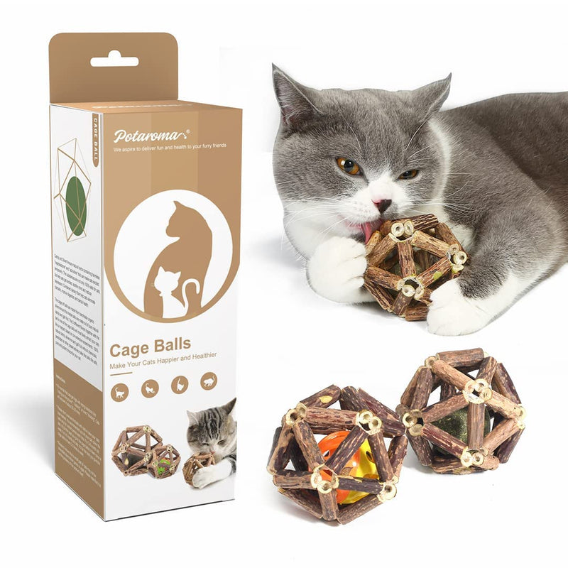 Potaroma Catnip Toys, 3Pcs Cat Toys Natural Silvervine Stick Cage Balls & Bell Ball for Indoor Cats, Kitten Cleaning Teeth Molar Matatabi Cat Chew Toy All Breeds - PawsPlanet Australia