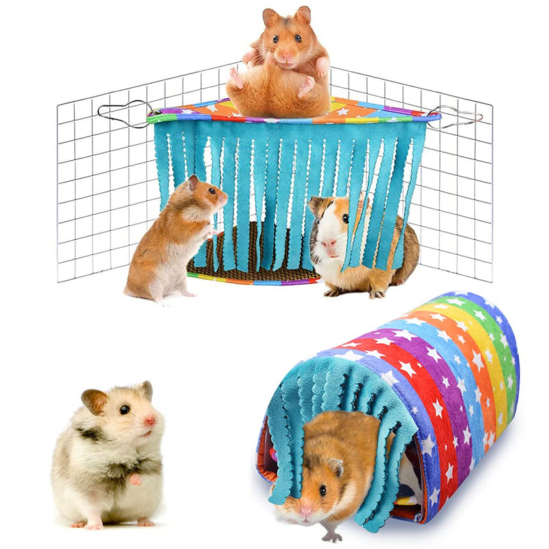 HOMEYA Hamster Tunnel House Cave Nest & Winter Warm Sleeping Bag for Small Pet, Small Animals Hideout Tunnel with Fleece Forest Curtain, Guinea Pig House Plush Bed for Hedgehog Rat Ferret Chinchilla Rainbow