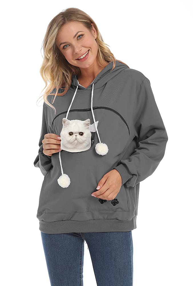 Women Pet Carrier Sweatshirt Puppy Kitten Holding Hoodies Long Sleeve Pouch Tops X-Large-XX-Large Dark Grey - PawsPlanet Australia