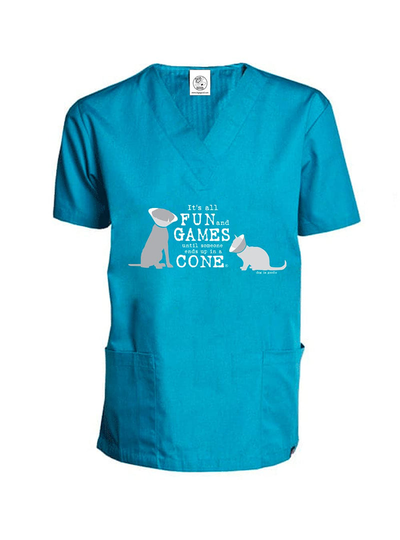 Dog is Good Scrub Top It’s All Fun and Games Until Someone Ends Up in a Cone-Relaxed Fit X-Large Teal - Cat and Dog