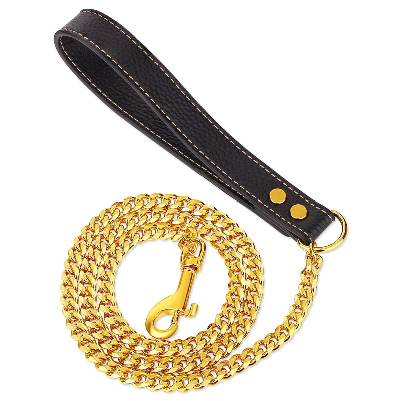 Dog Chain Leash Gold Dog Leash 4FT 18K Gold Stainless Steel 10mm Cuban Link Dog Leash with Comfortable Genuine Leather Handle for Puppy Small Medium Large Dogs(G, 4.3FT) Total Length 4.3FT - PawsPlanet Australia