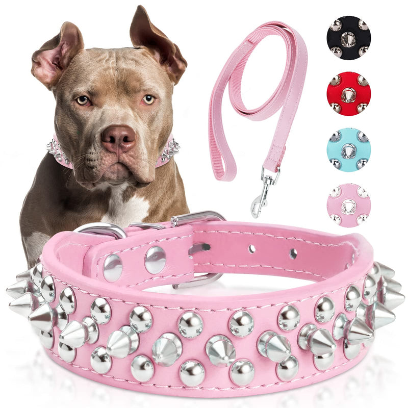 Dog Collars for Medium Dogs with Leash, Epesiri Spiked Dog Collar for Large Dogs, Girl Pink Dog Collar, Studded Rivet Pit Bull Leather Dog Collar Durable Cat Collar for Small Medium Large Pet Gift M=11.8"-12.6" - PawsPlanet Australia