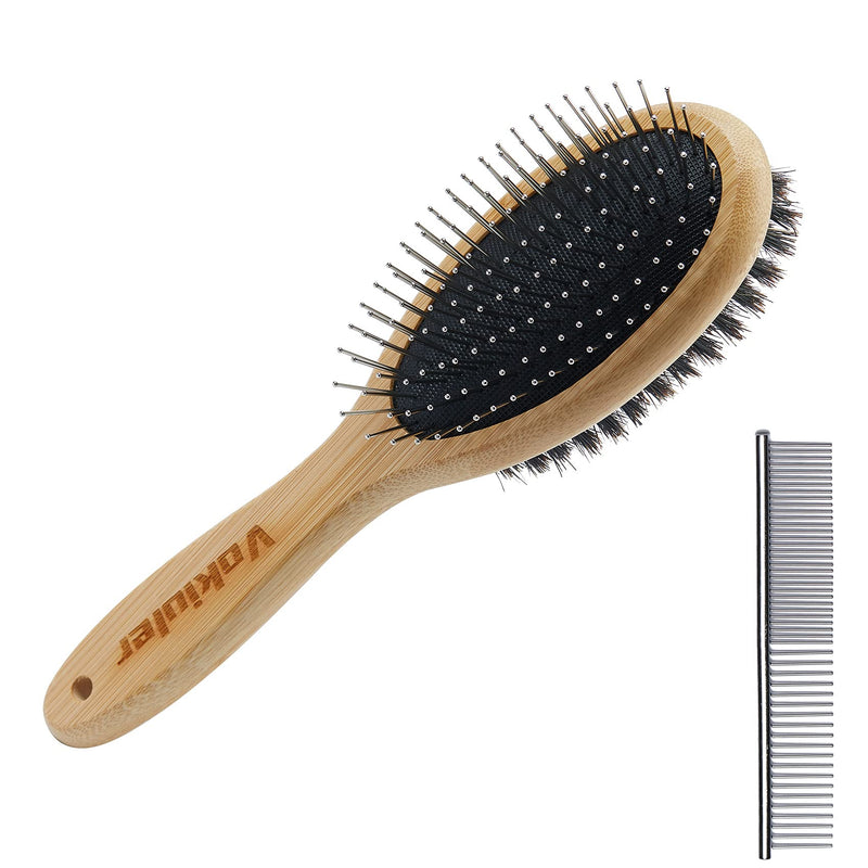 Dog Brush Cat Brush, Vokiuler Double Sided Bristle and Pin Pet Brush for Dog Grooming, Real Boar Bristle Shedding Brush with Bamboo Handle for Long Short Hair, 2 Pack Dog Comb, Black M - PawsPlanet Australia