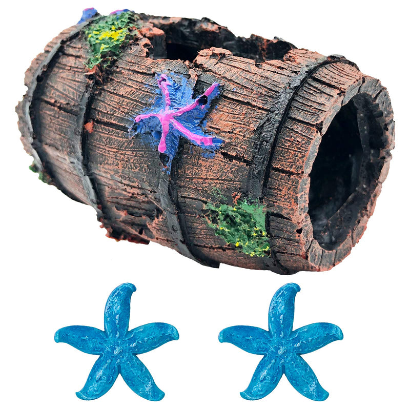 GSD Star-Fish Broken Barrel Decor Resin Betta Fish Tank Accessories Ornaments for Fish Cave Hide Tank Decorations, Broken Barrel x 1pc, Blue Star Fish Ornaments x 2pcs - PawsPlanet Australia