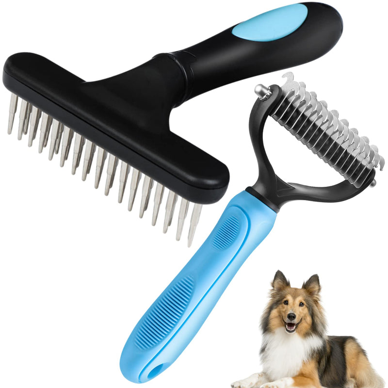 Undercoat Rake for Dogs, Dematting Tool Set - Large Dog Grooming Rake + Double Row Stainless Steel Pins Deshedding Comb, Pet Under Coat Brush for Long Hair Cat, Dog, Hores - PawsPlanet Australia