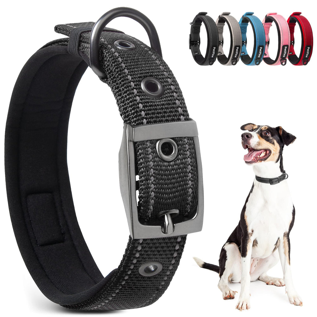 PetiFine Heavy Duty Dog Collar, Adjustable Soft Neoprene Padded Dog Collar with Metal Buckle, Reflective Belt Buckle Dog Collars for Small Medium Large Dogs Small (11"-14.5") Black